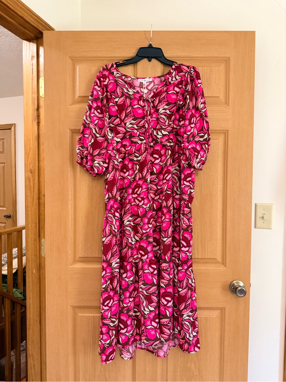Bright Pink Floral Maxi Dress with Puff Sleeves